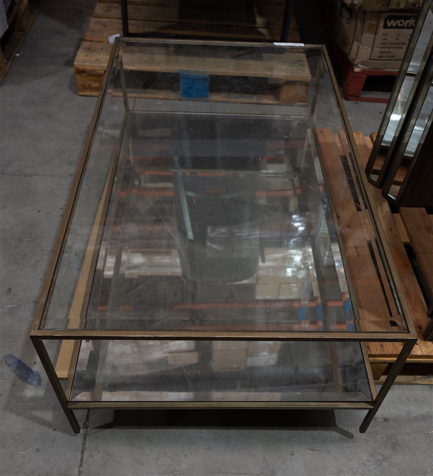 HORGANS RECTANGULAR LARGE COFFEE TABLE MIRROR, BRASS, GLASS. NB: SOME SCRAT