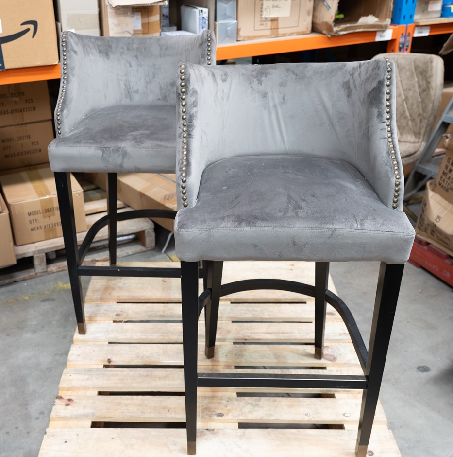 SET OF 2 GREY VELVET BARSTOOLS BY KOALA LIVING. NB: STORAGE MARKS.