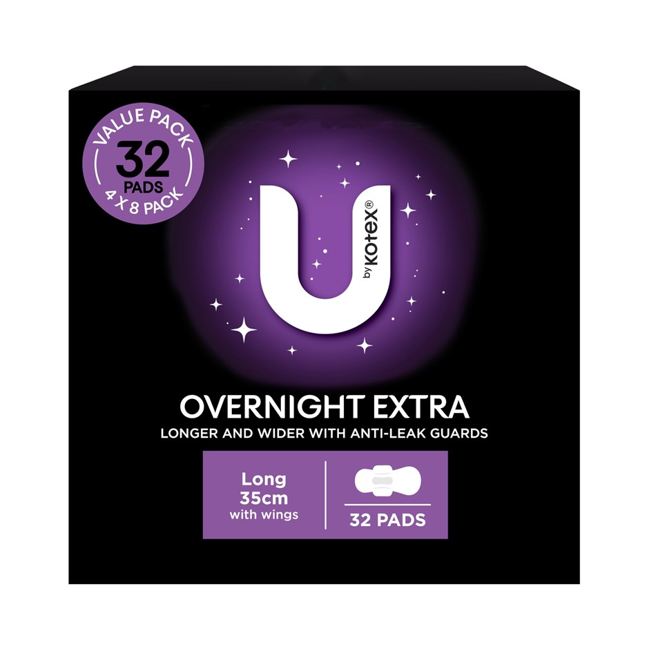 Box of 32pk U BY KOTEX Overnight Extra Long Pads w/ Wings. N.B: Damaged pac