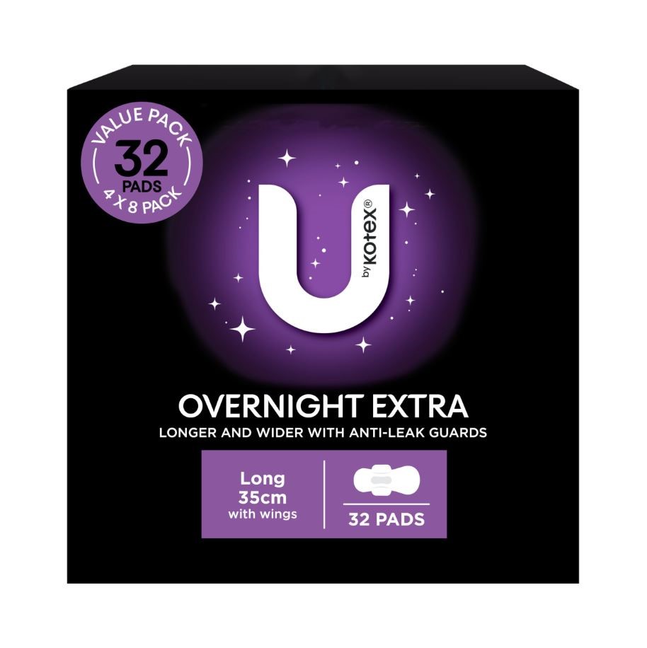 Box of 32pc U BY KOTEX Extra Overnight Pads Long w/ Wings.