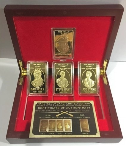 NED KELLY & GANG Set Of 4 x 1oz Ingots Finished in 999 24k Gold Ser 2