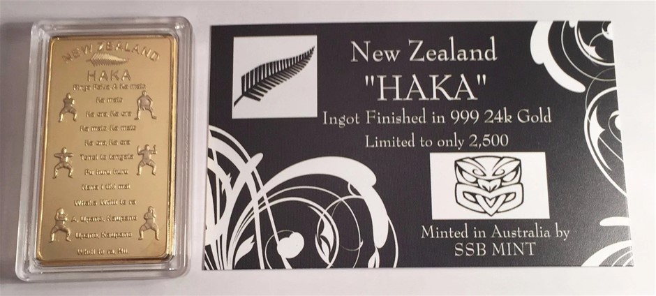 NEW ZEALAND "HAKA" 1 Oz Ingot 999 24K Gold Plated. LTD 2500 with C.O.A. Gif