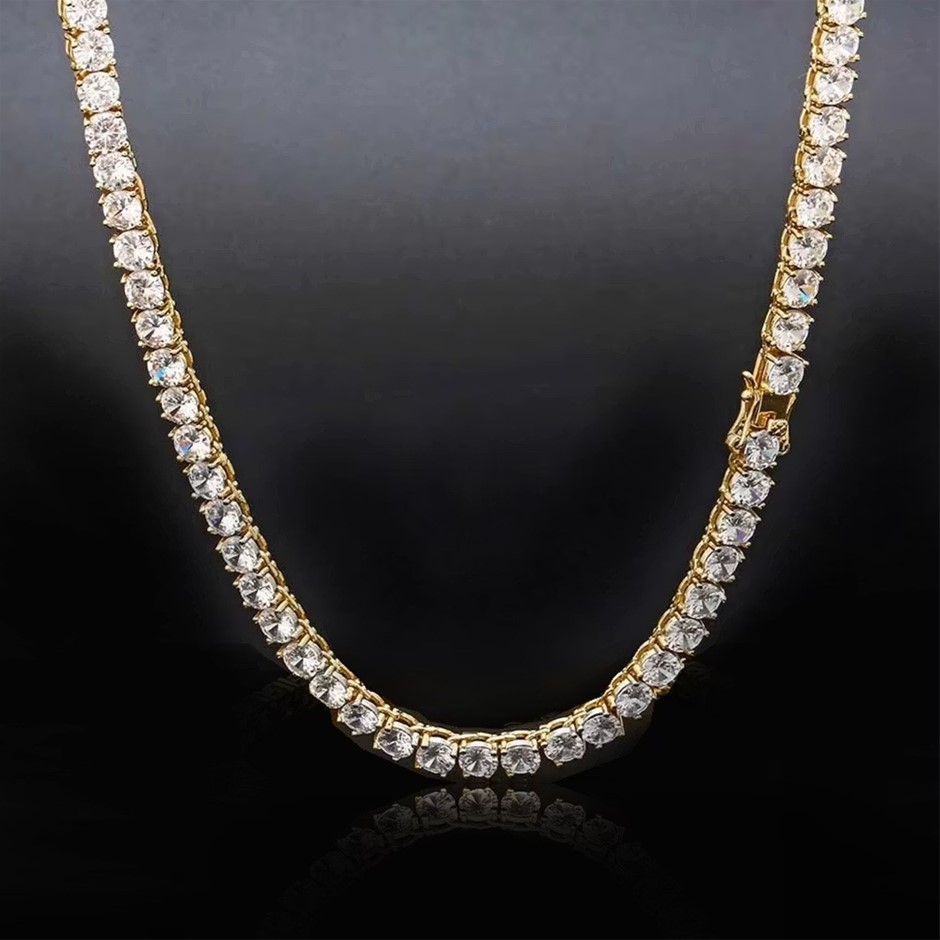 18K Gold-Filled Tennis Neckace Round Facet Cut Simulated Diamonds - 55.8cm