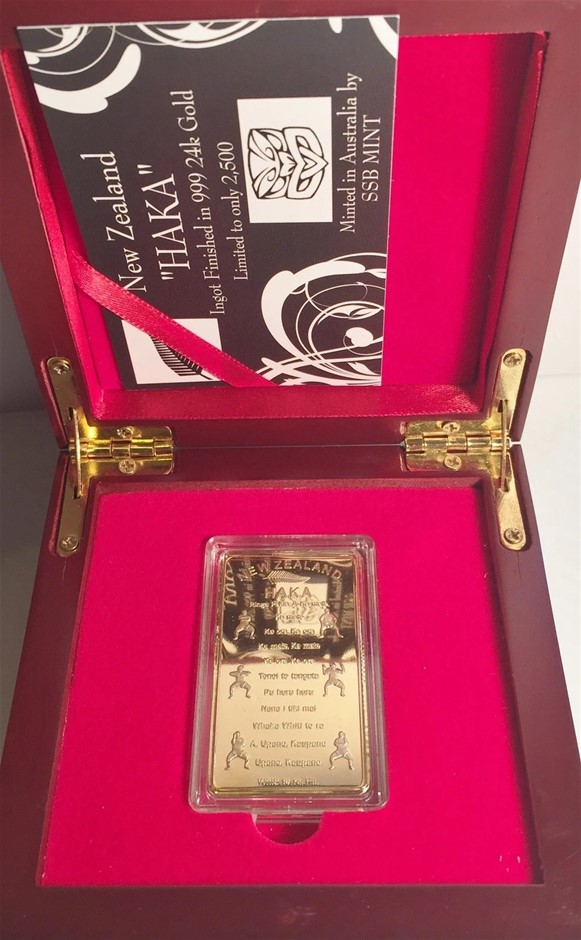 NEW ZEALAND "HAKA" 1 Oz Ingot HGE 999 Gold Wood Display Box C.O.A. LTD 2,50