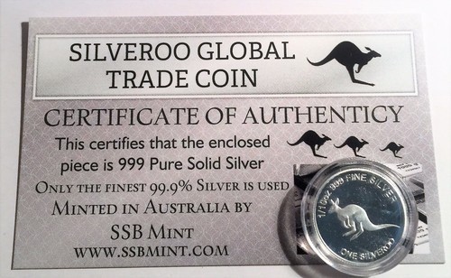 SILVEROO, Kangaroo Global Trade Coin 1/10th Oz 999 Pure Solid Silver C.O.A.
