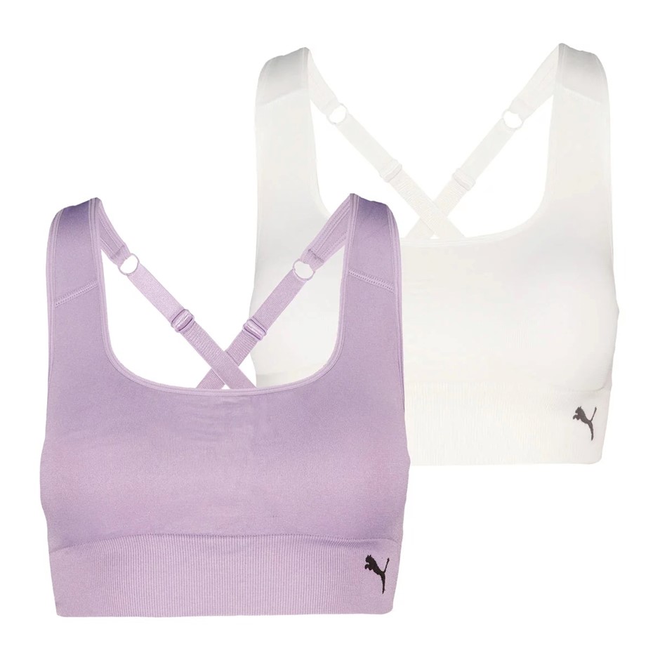 2-Pack PUMA Square Neck Seamless Sports Bras, Size M, Pale Plum/White.