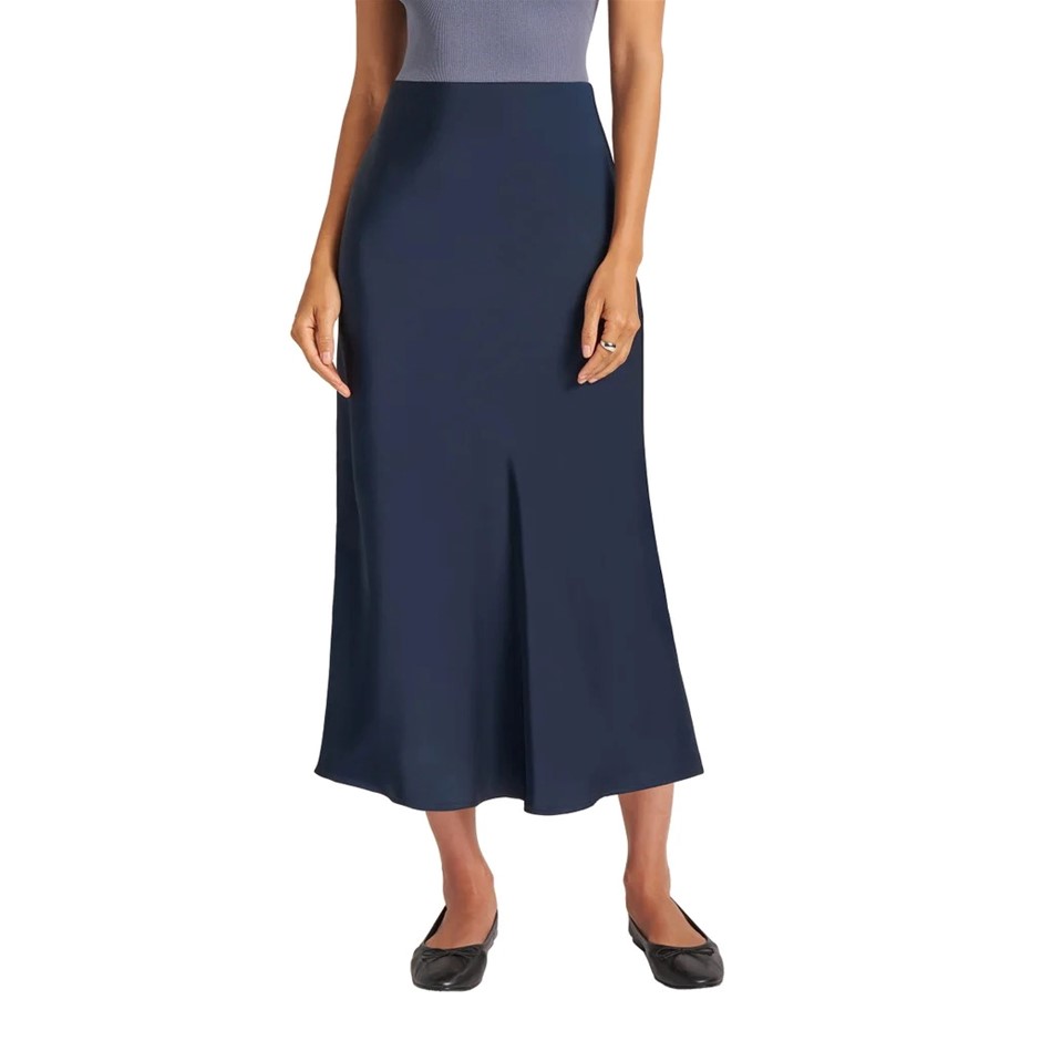 MATTY M Women's Satin Skirt, Size L, Navy. NB: minor marks on right side.