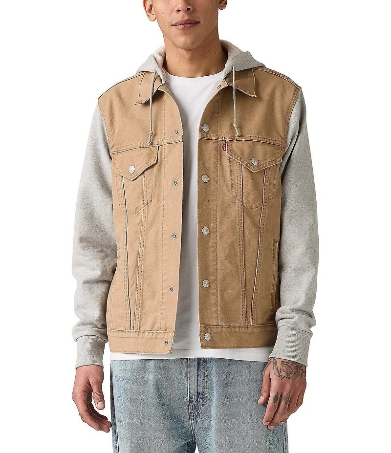 LEVI'S Men's Hybrid Hoodie Trucker Jacket, Size M, Brown/Grey (0014), A0632