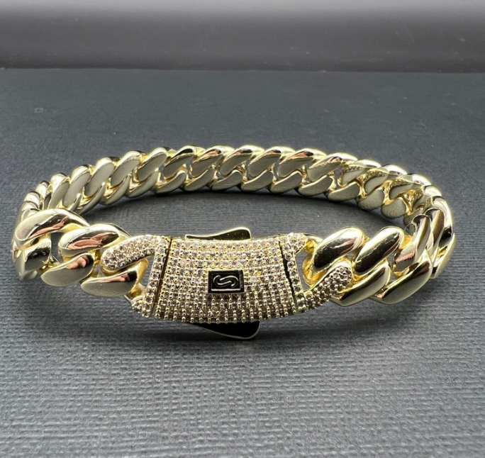 14K Gold-Filled Solid Cuban Bracelet, Simulated Diamonds,10MM Wide - 20.3cm