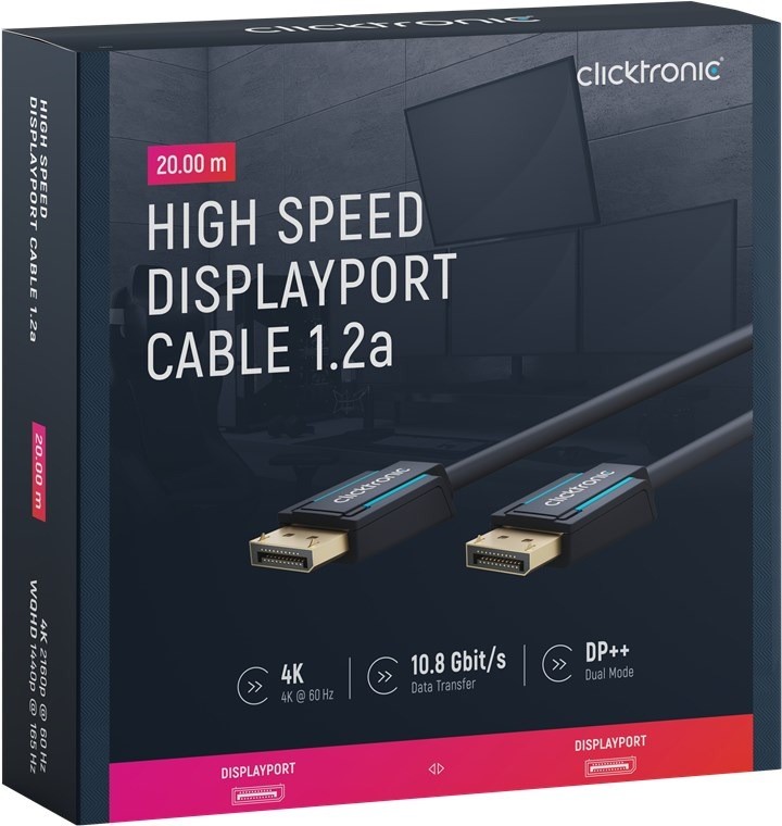 Clicktronic UHD 4K 60 Hz Male to Male 1.2 Display Port, Black, 20 Metre Len
