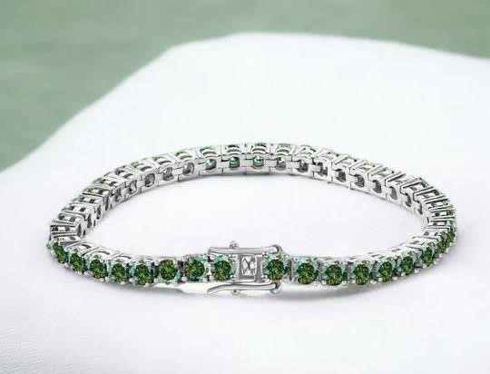 GRA  Moissanite Green Brilliant Cut stone Tennis Bracelet -S925-17.5cm-3mm