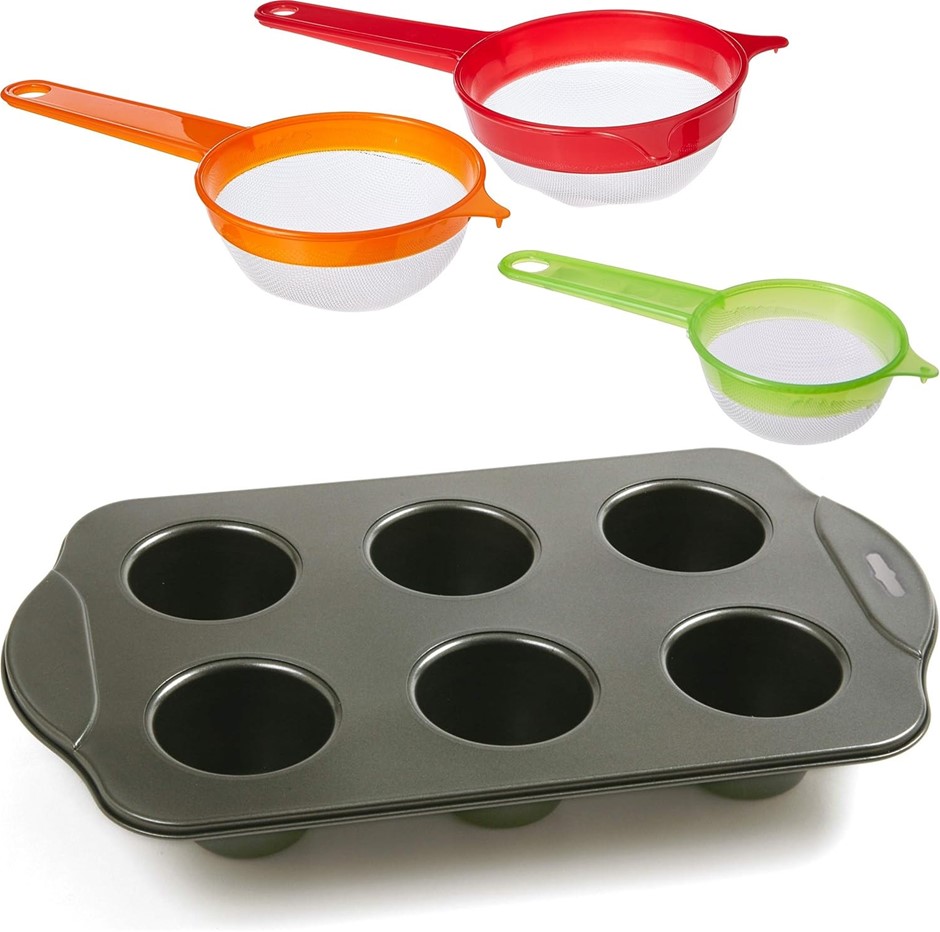 Norpro Nonstick Linking Popover Pan + Uniware 3 Sphere Mini Set Strainers