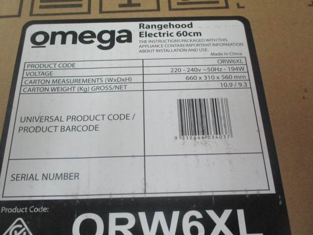 New in Box Omega Electric Rangehood, 60cm