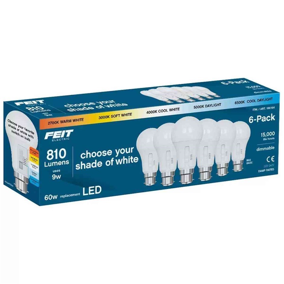 FEIT ELECTRIC 6 Pack LED Light Bulbs, 810 Lumens, 9W, E27 Base.