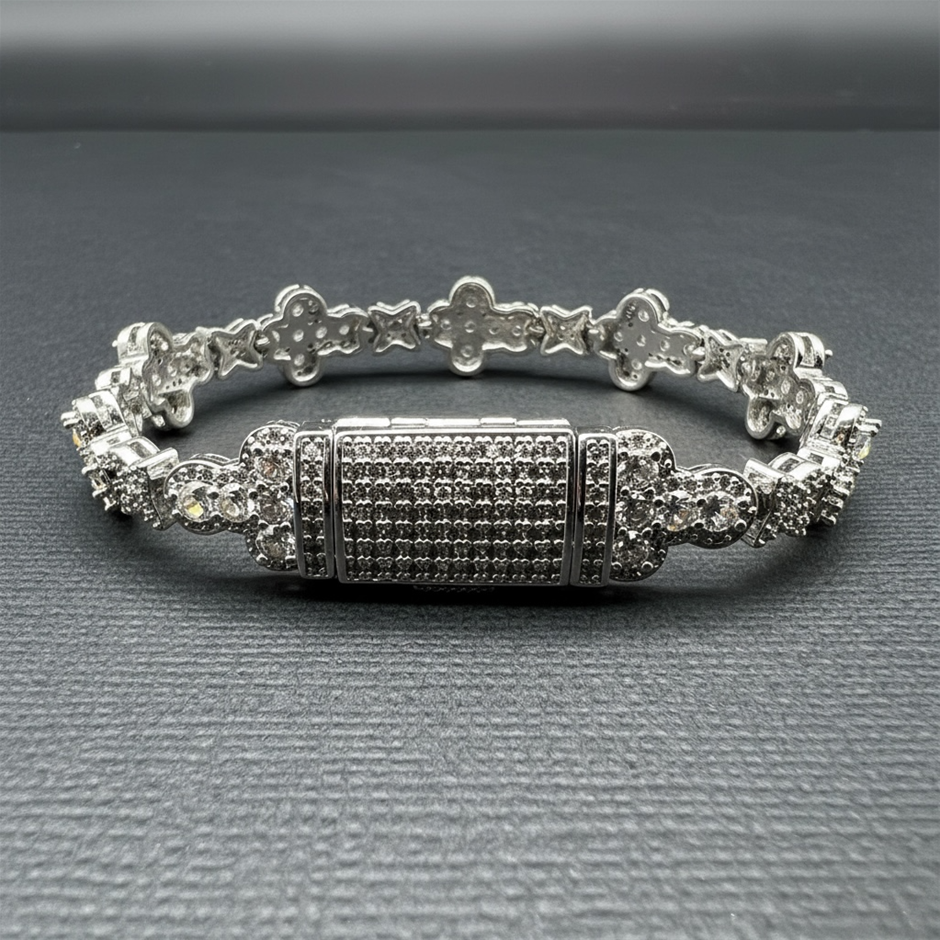 18K Silver-Filled Cross & Flower Bracelet with Simulated Diamonds - 22.8cm