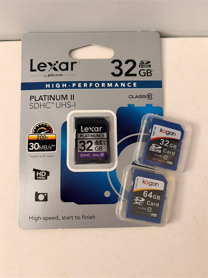 3x Memory Cards (1x KOGAN 64GB SDXC Card, 1x LEXAR Platinum II SDHC Card)