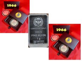 1966 Australia silver 50 cents in box UNC x 2 & 1 Gram Germania Silver bar
