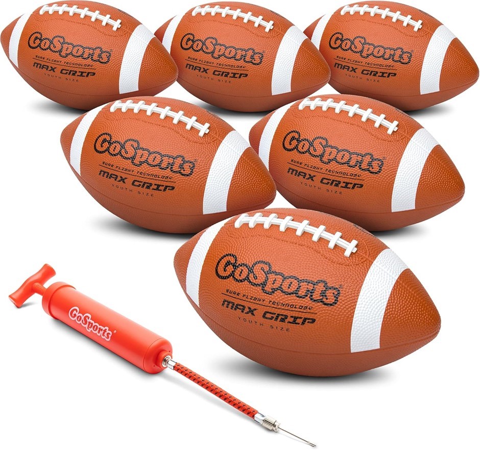 GoSports Rubber Footballs - 6 Pack of Youth Size Balls with Pump & Carrying