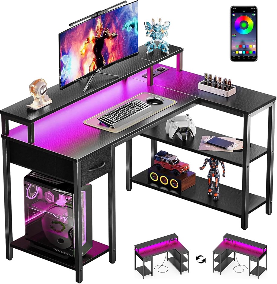 KINSDAN Gaming Desk with Power Outlet, 120 x 80 x 75cm, with RGB Light Stri