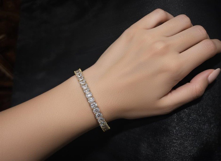 18K/Italy Yellow Gold Filled Emerald Tennis Bracelet(Stamped)-Bonus Gift