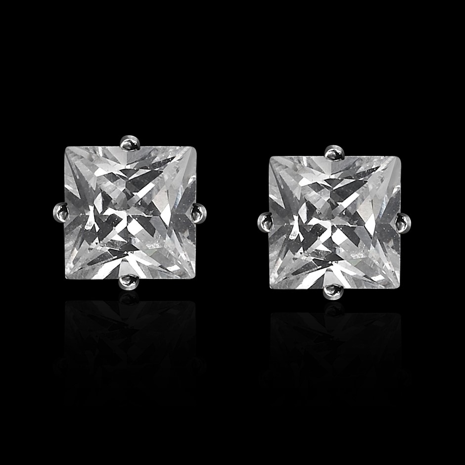 Solid 925 Sterling Silver 6mm Square Stud Earrings 2 Crystals by Swarovski®