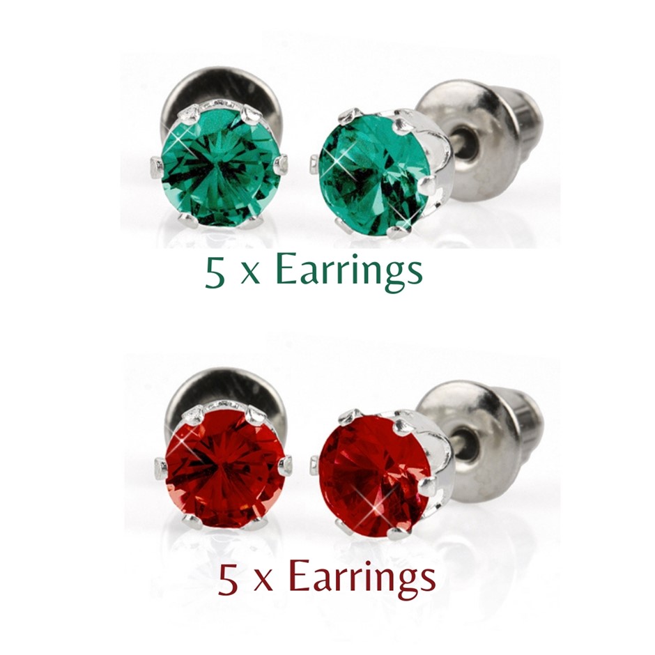 BULK PACK - 10 x 5mm Christmas Earrings (5 x Green, 5 x red) - Great, Gift