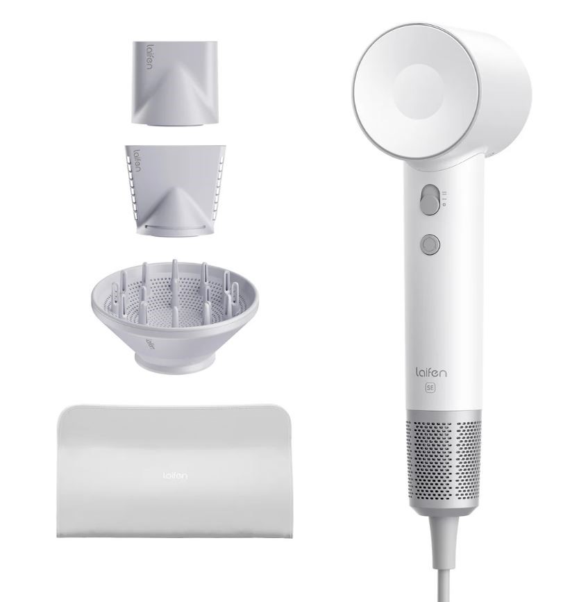 LAIFEN Swift SE Hair Dryer w/ 3 Nozzle Attachments and Travel Bag, White. N