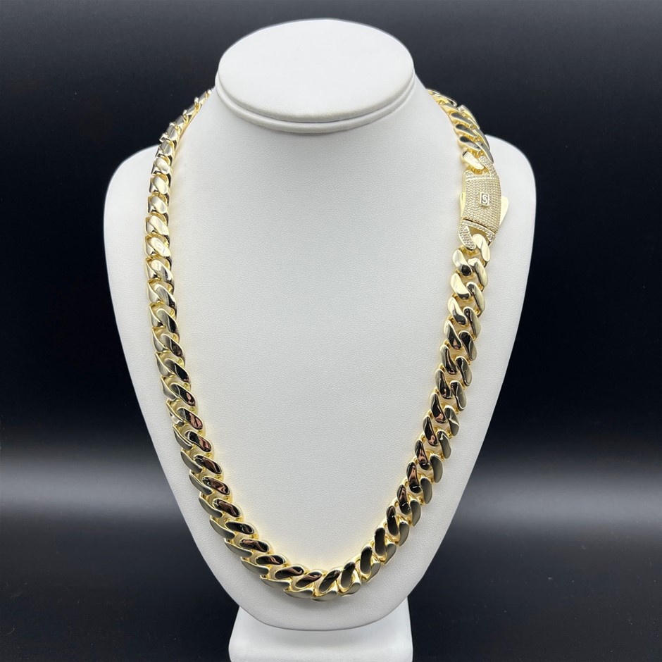 14K Gold-Filled Solid Cuban Necklace, Simulated Diamonds,15MM Wide - 55.8cm