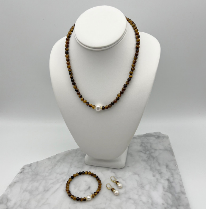 White Pearls Tiger Eye Gemstone Jewellery Set