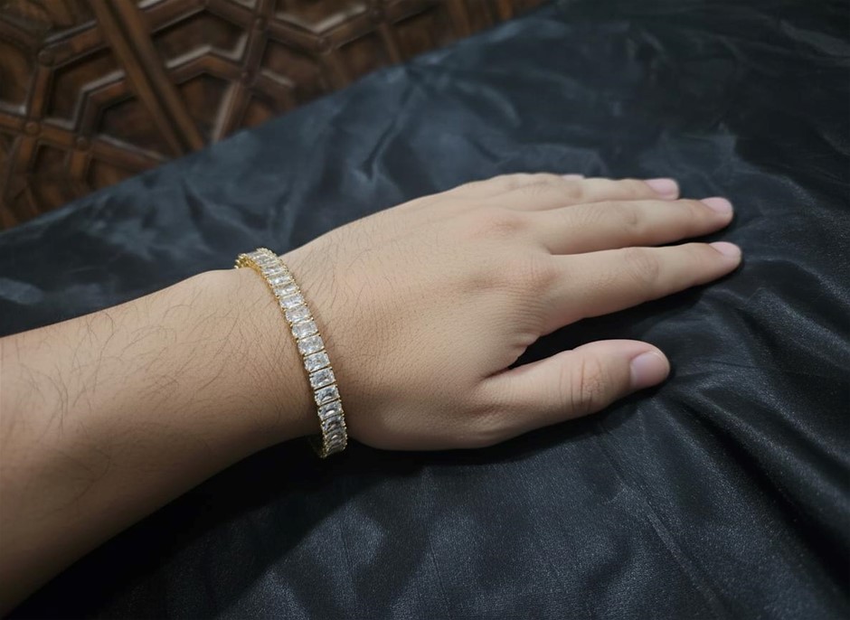 18k Italy Stamped Yellow Gold Filled Tennis Bracelet-Emerald Cut-17.8cm