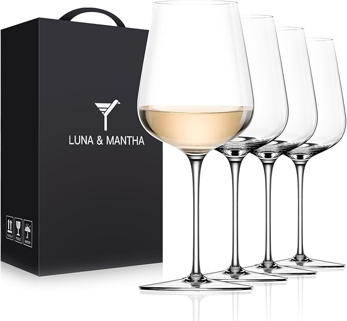 LUNA & MATHA Wine Glasses Set of 4, Crystal White Wine Glasses.