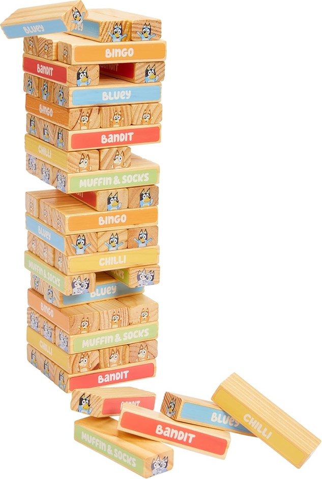 3 X ASSORTED BLUEY 3 y/o + TOYS, 1 x Bluey Wooden Tumbling Tower 54-Piece A