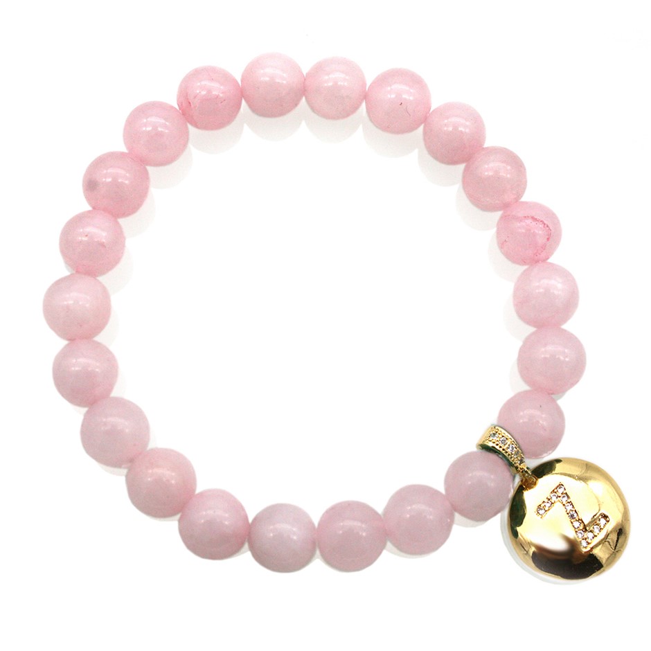 Round Rose Quartz & Letter 'Z' Gold Plated with CZ Bracelet