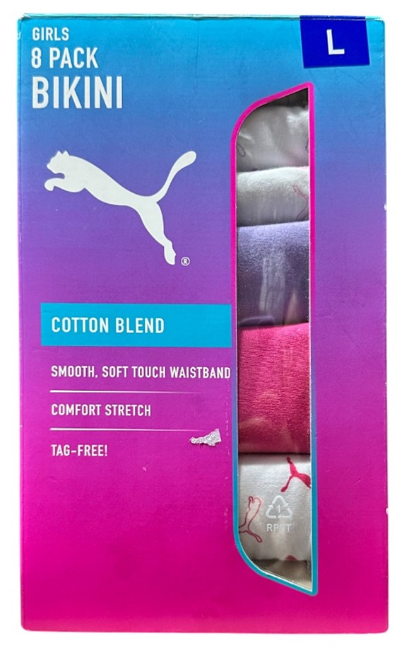 PUMA Girls 8 Pack Bikini Cotton Blend, Size L