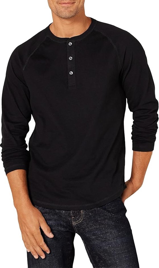 AMAZON ESSENTIALS Men's Slim-Fit Long-Sleeve Henley Shirt, Large, Black, MA