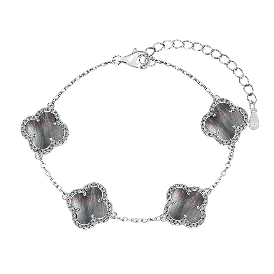 Shell Pearl Four Leaf Clover 925 Sterling Silver Tennis Bracelet