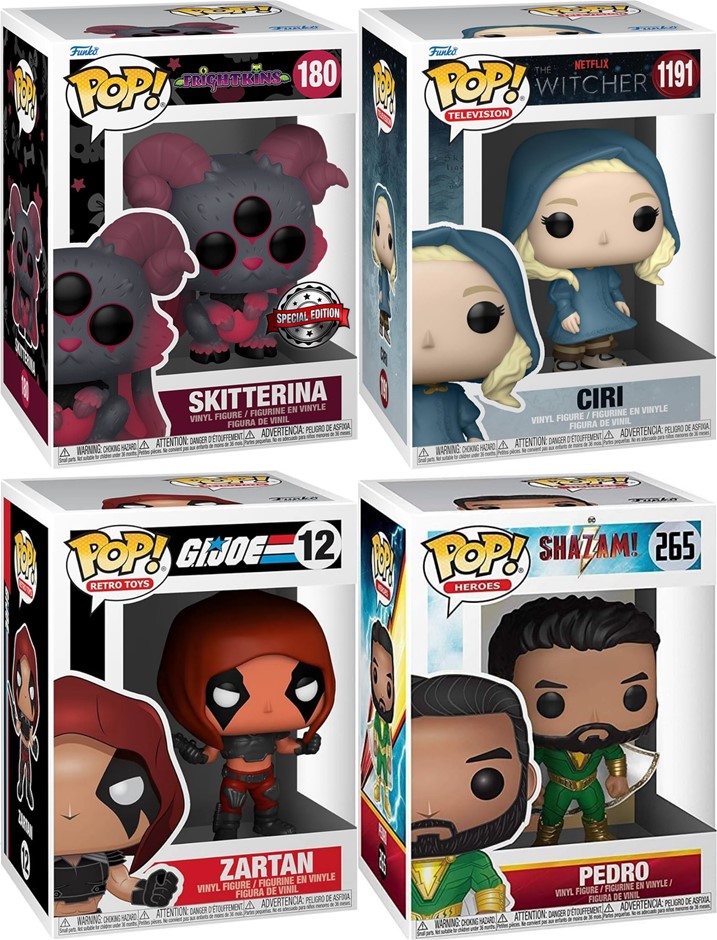 4 x FUNKO POP: Shazam Pedro, Frightkins Skitterina, The Witcher Ciri, G.I.