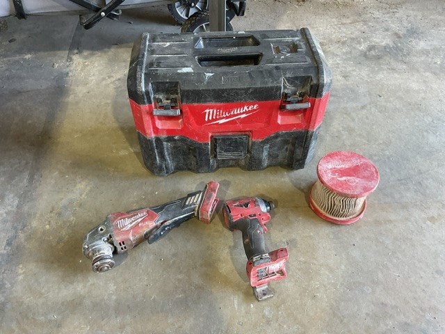 <p>Milwaukee Drill, Grinder, Filter and Tool Box</p>