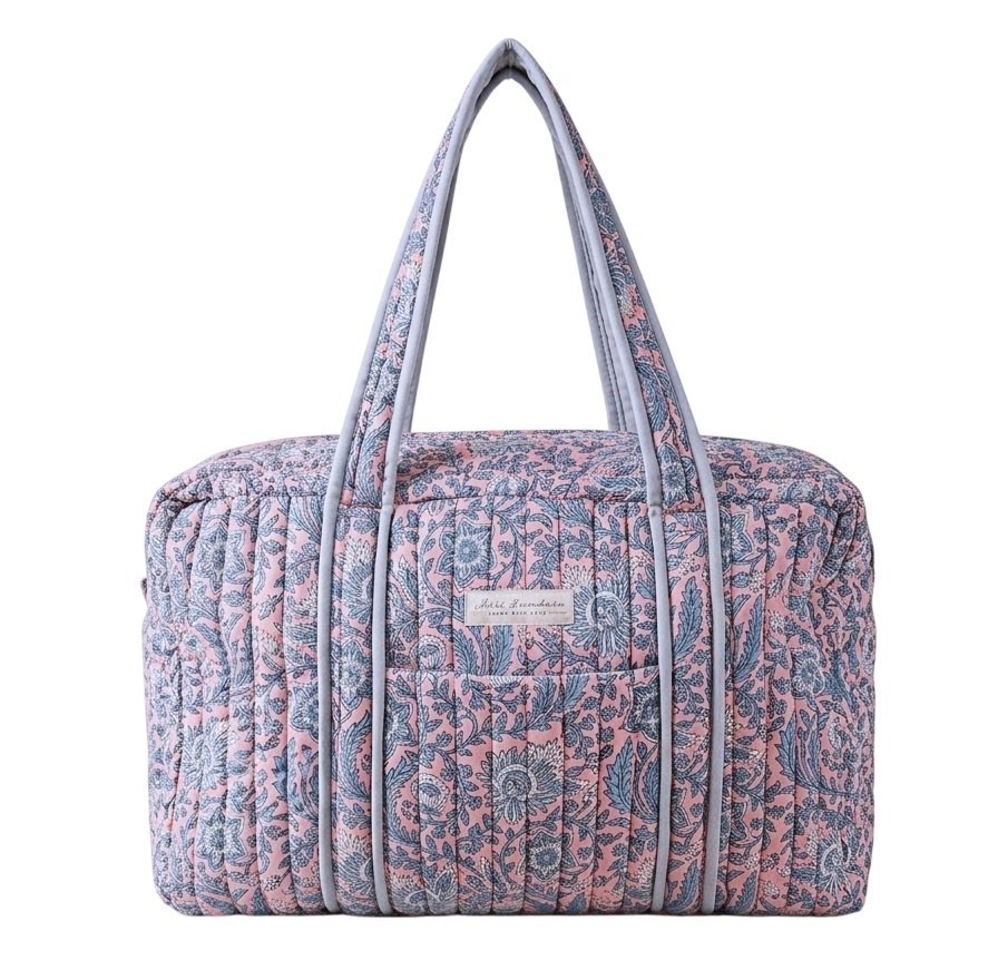 MISS SUNDARA Block Print Weekender Tote Shoulder Big Bag, Floral Pink/Blue