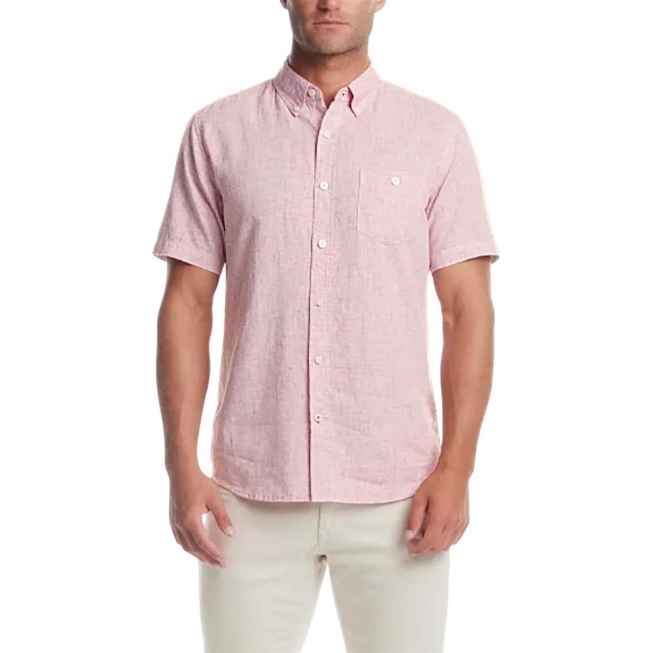 WEATHERPROOF Men's Linen S/S Shirt, Size M, 55%Linen/45%Cotton, Scarlet Sag