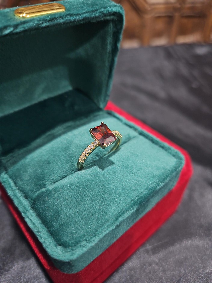 14K/Italy 2.5ct Ruby Emerald Cut Yellw Gold Filled Ring(stamped)-9US