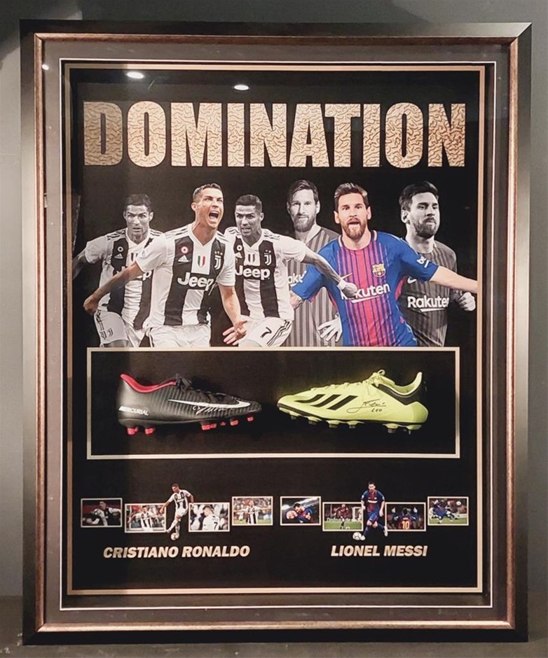 CRISTIANO RONALDO AND LIONEL MESSI ``DOMINATION`` HANDSIGNED FOOTBALL BOOTS