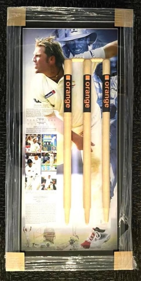 SHANE WARNE 97TH TEST AUS V RSA FRAMED SIGNED MATCH WICKETS