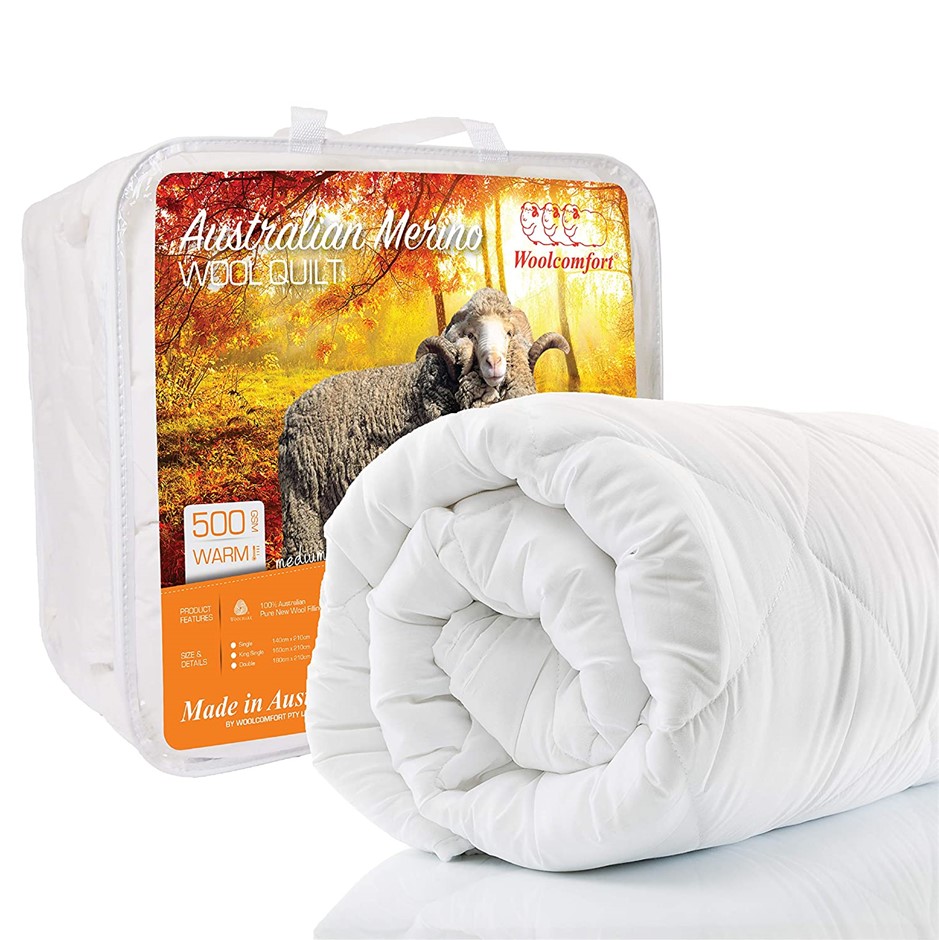 WOOLCOMFORT Australian Made Merino Wool Quilt, 500GSM, Queen, White. NB: No