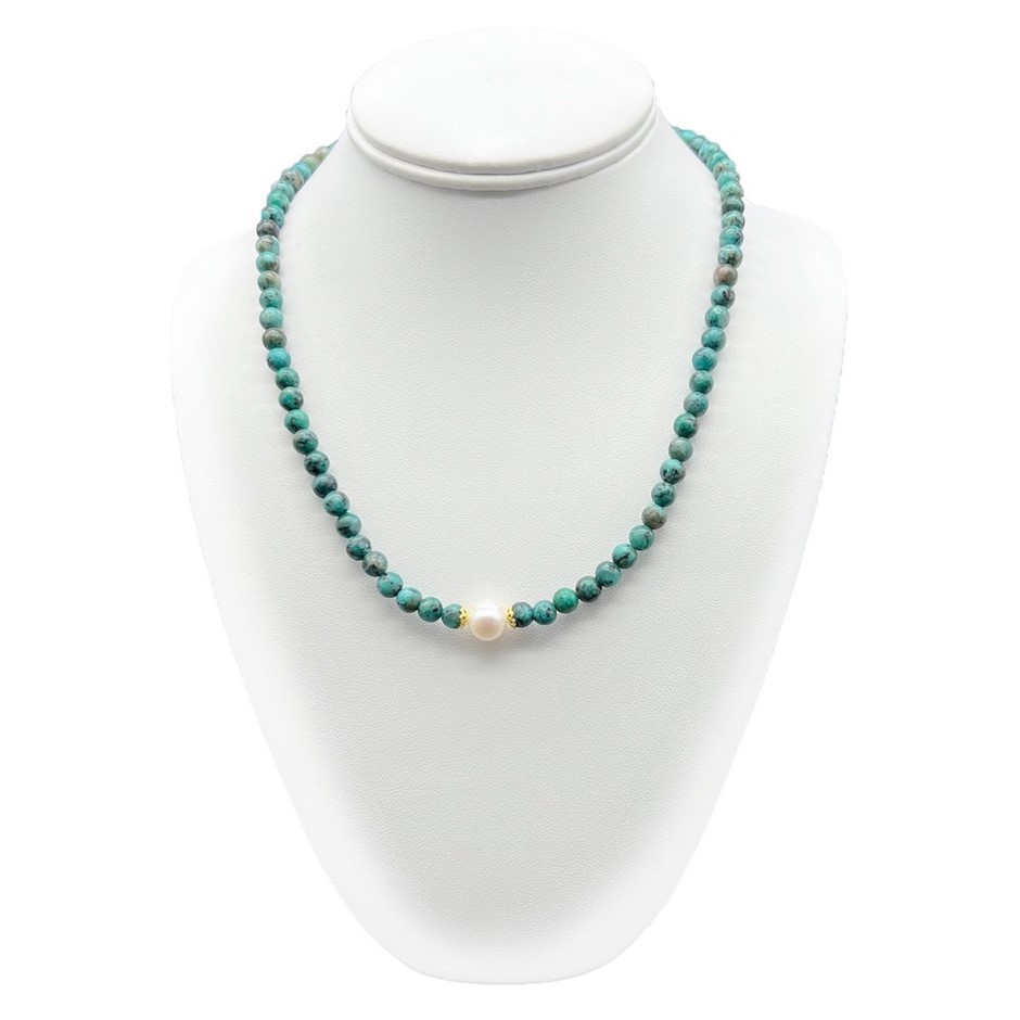 10mm White Pearls with African Jasper 'Turquoise' Gemstone Necklace