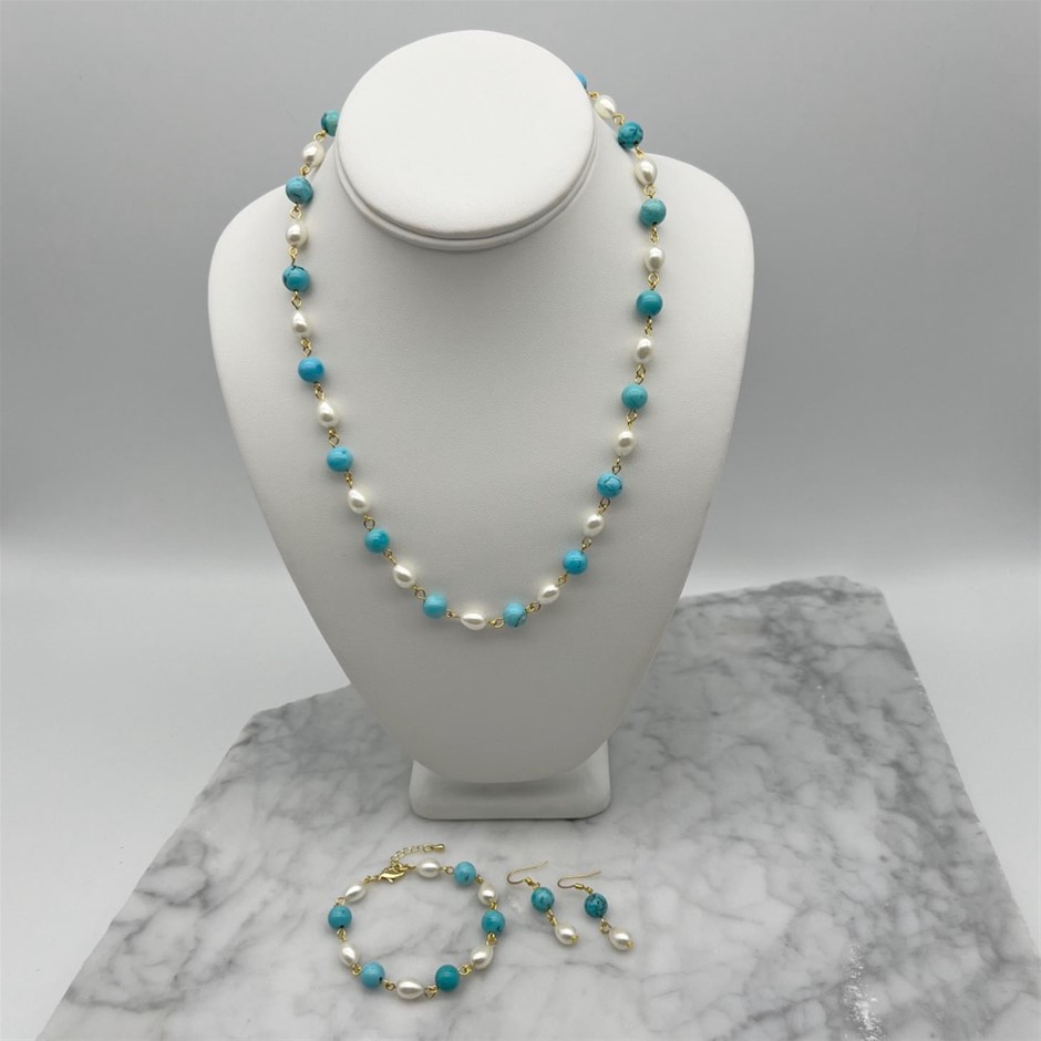 Teardrop Glass Pearls & Turquoise Necklace, Bracelet & Earring  Set