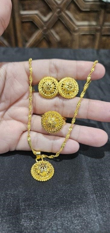 Set 24k Triple Yellow Gold plated Earrings & Ring & Pendant & Chain