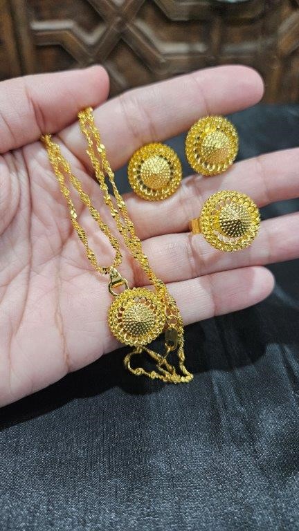 Set 24k Triple Yellow Gold plated Earrings & Ring & Pendant & Chain
