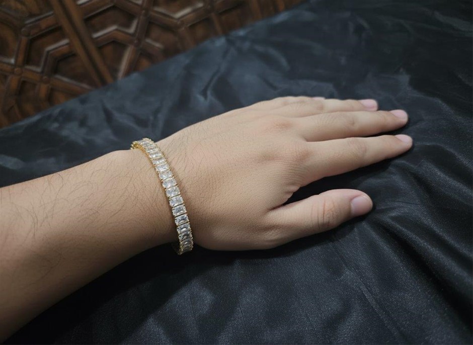 18k Italy Stamped Yellow Gold Filled Tennis Bracelet-Emerald Cut-17.8cm