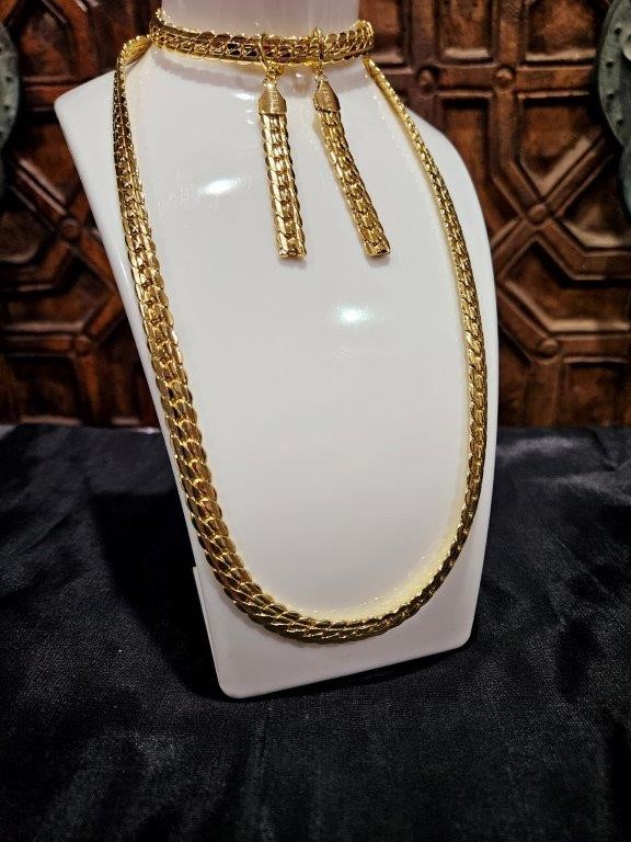 14K/Italy Set Yellow Gold Filled Chain & Bracelet & Earrings-Bonus Gift